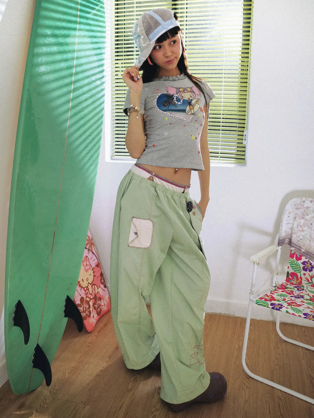 Eyeellike | Double Waist Embroidered Drawstring Wide Leg Pants