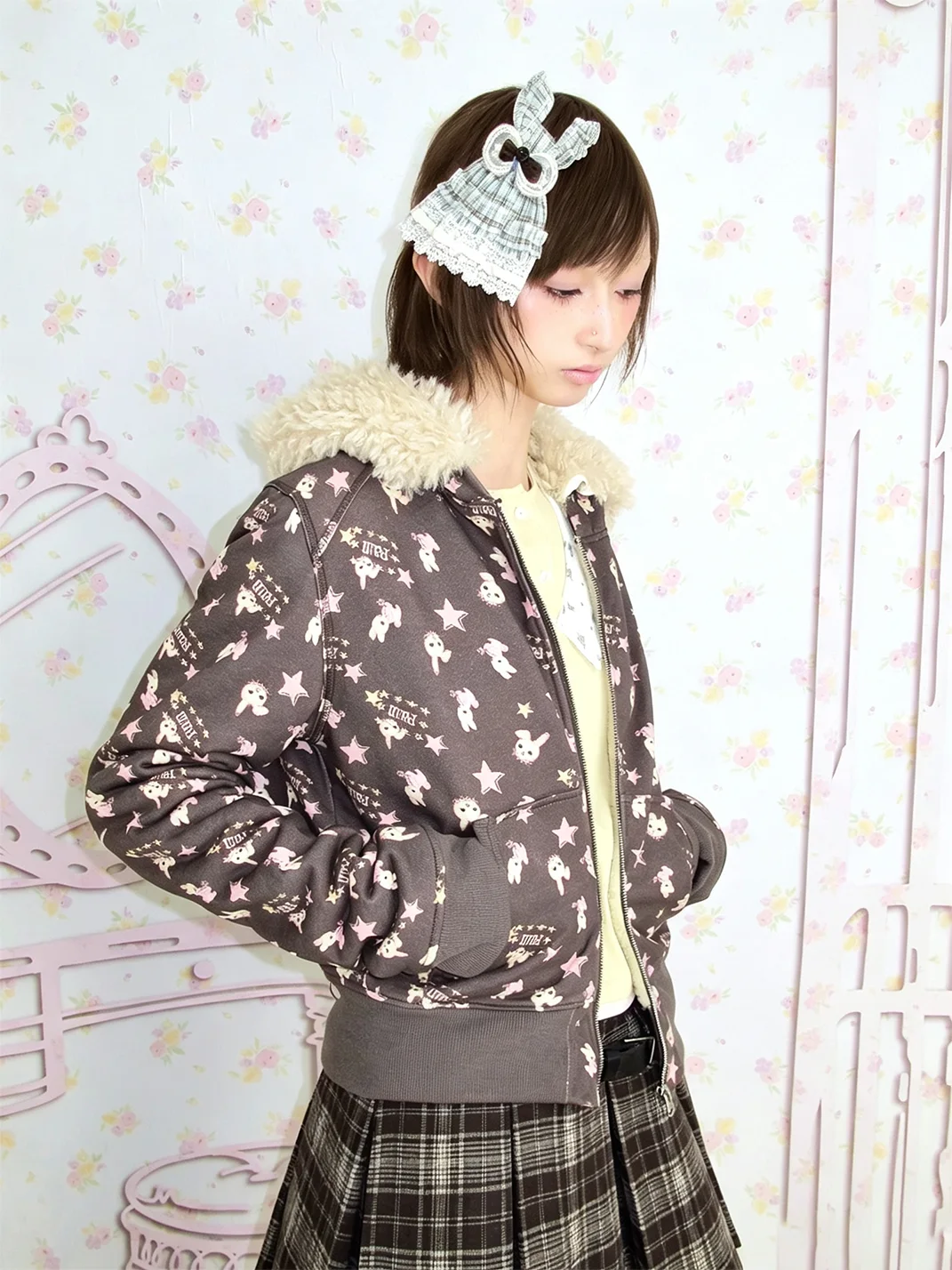 LIS CALLA | Reversible Bunny Star Print Sherpa Hoodie Jacket