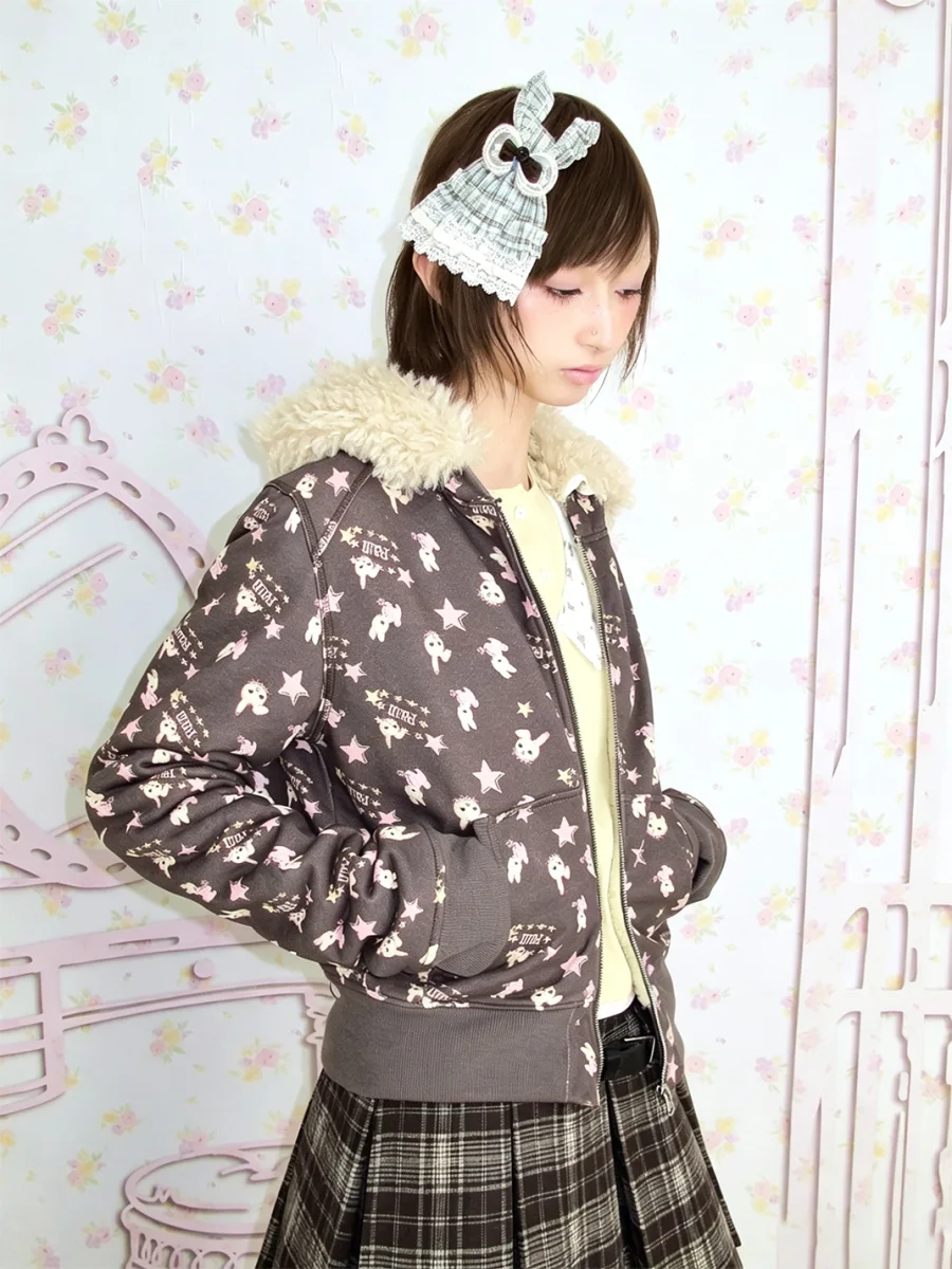 LIS CALLA | Reversible Bunny Star Print Sherpa Hoodie Jacket - 2