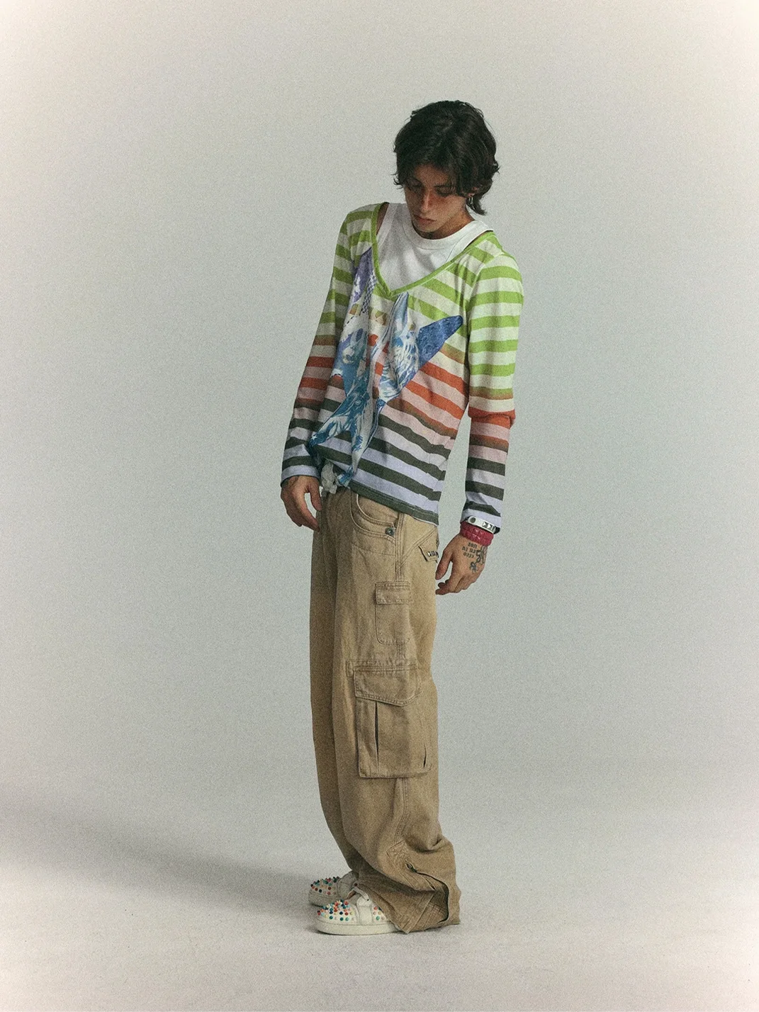 WASTED | Distressed Layered Gradient Striped Long Sleeve T-Shirt