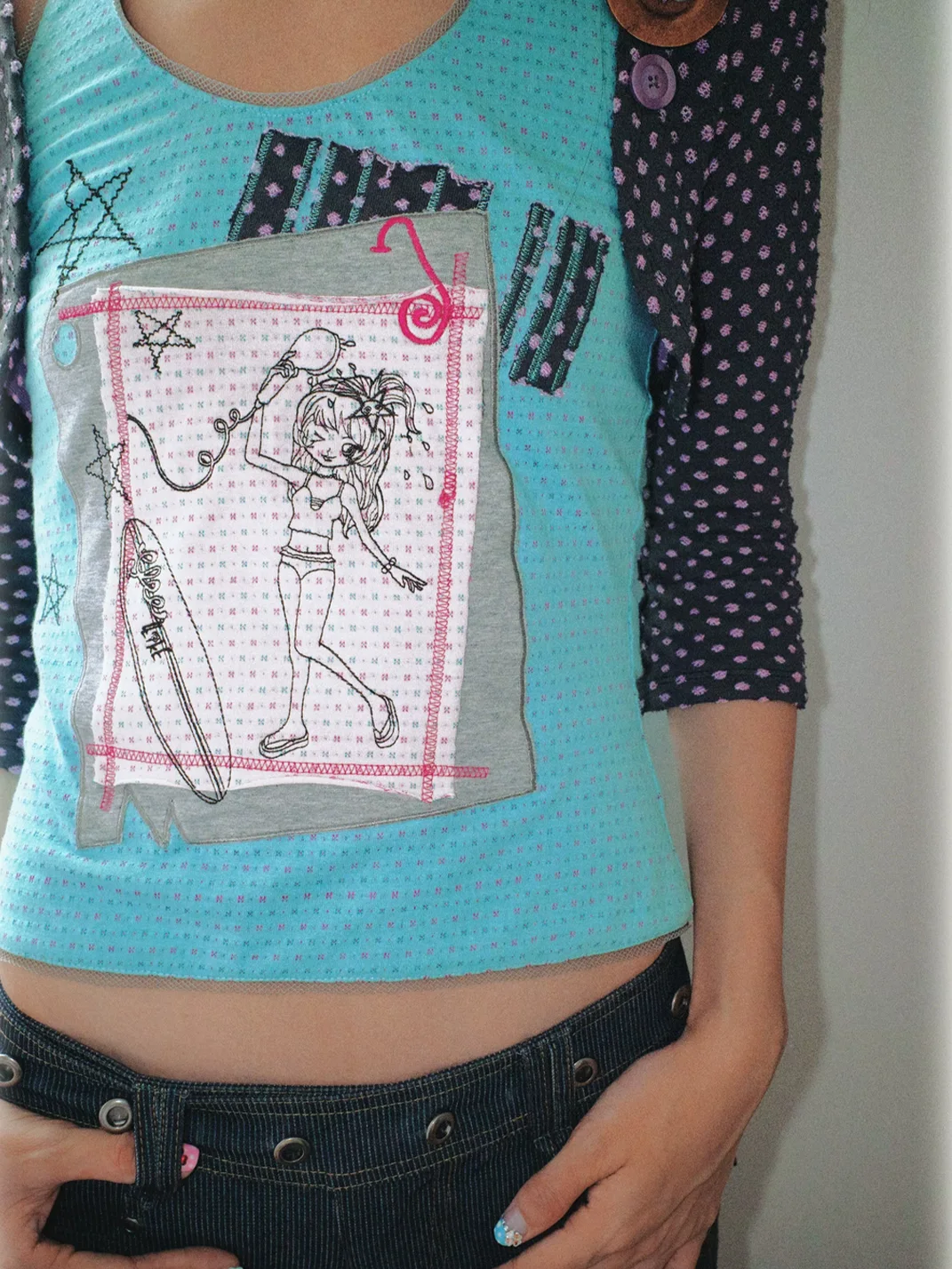 Eyeellike | Embroidered Lace-Trim Graphic Halter Tank Top