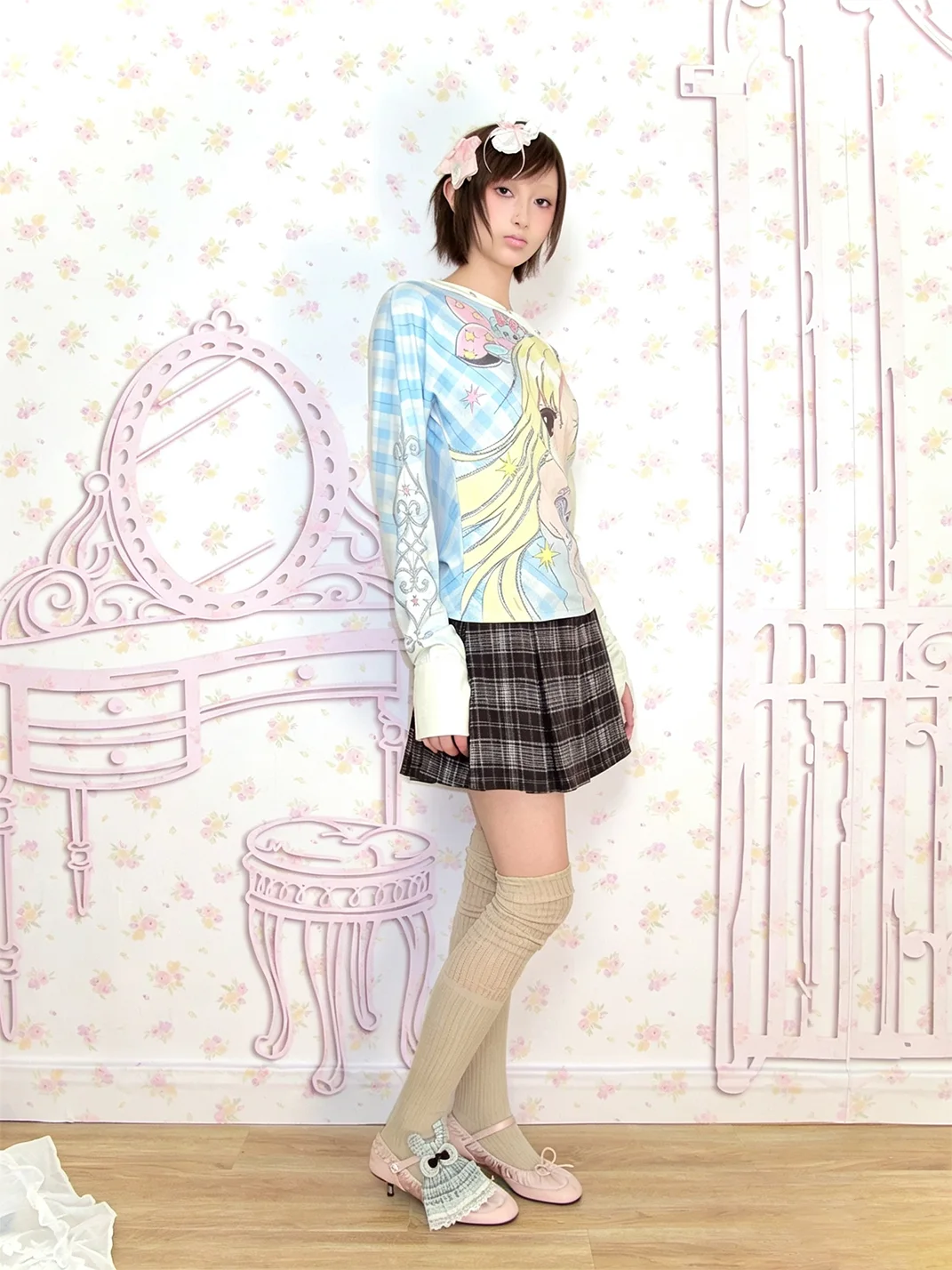 LIS CALLA | Anime Girl Plaid Off-Shoulder Knit Top