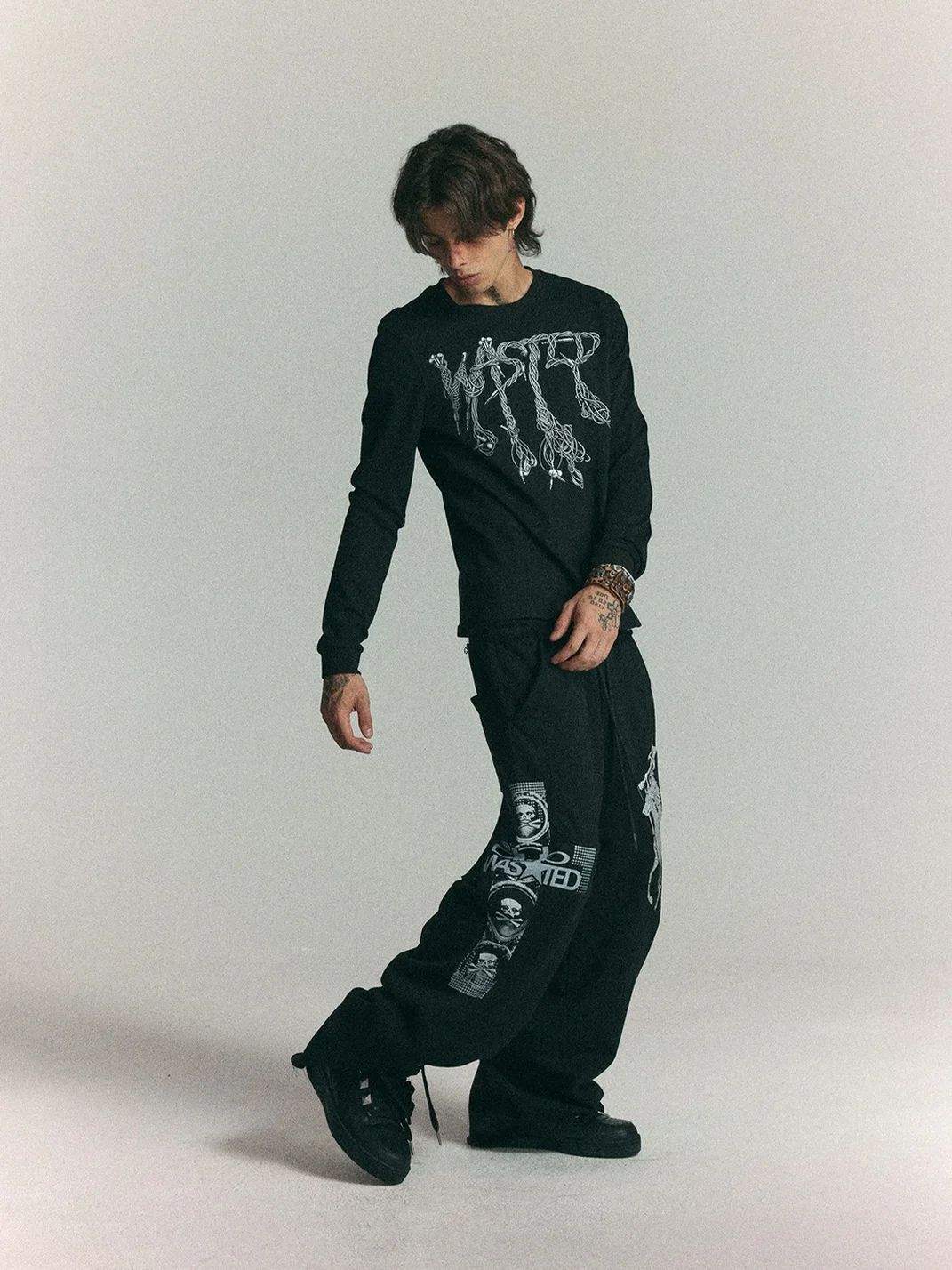 WASTED | Dropped Shoulder Cable Logo Long Sleeve T-Shirt