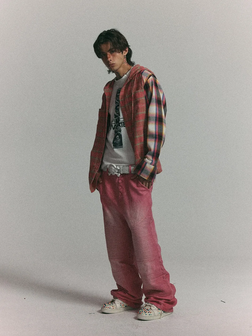 WASTED | Star Graphic Colorblock Plaid Hooded Shirt