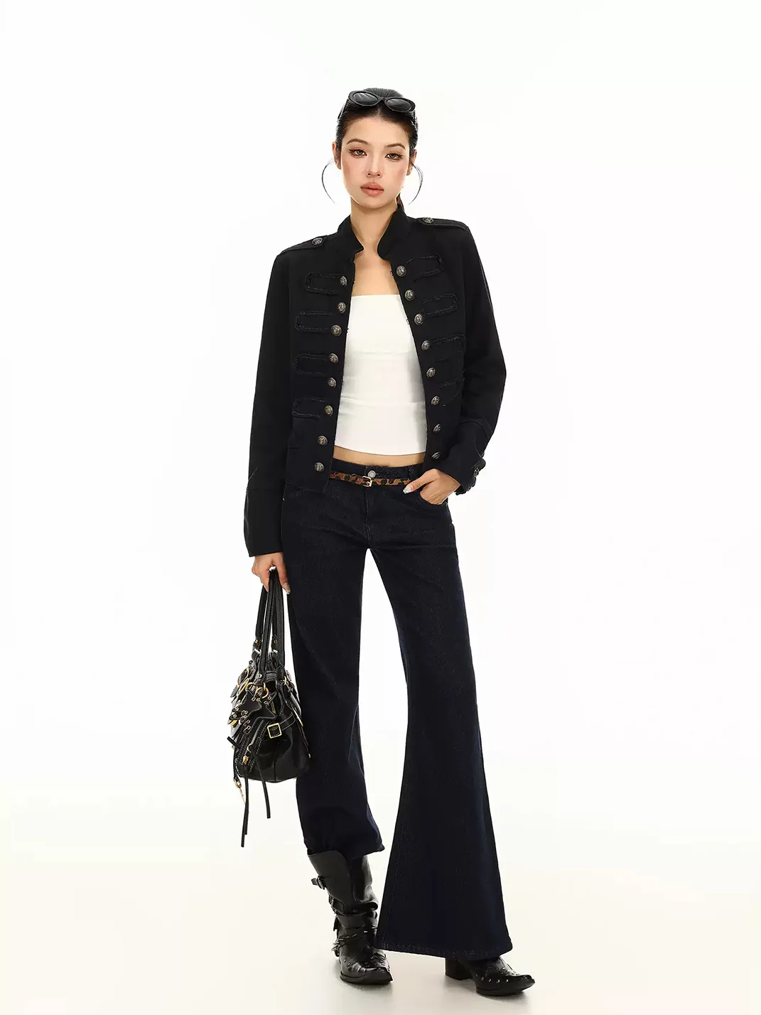 BIGGOLD | Mandarin Collar Double-Breasted Cropped Jacket