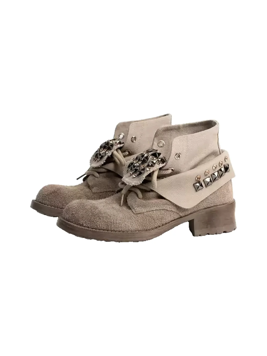 ZHUDAGE | Studded Foldover Lace-Up Ankle Boots