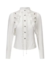 Cest Nous | Ruffled Lace-Paneled Fitted Chiffon Shirt