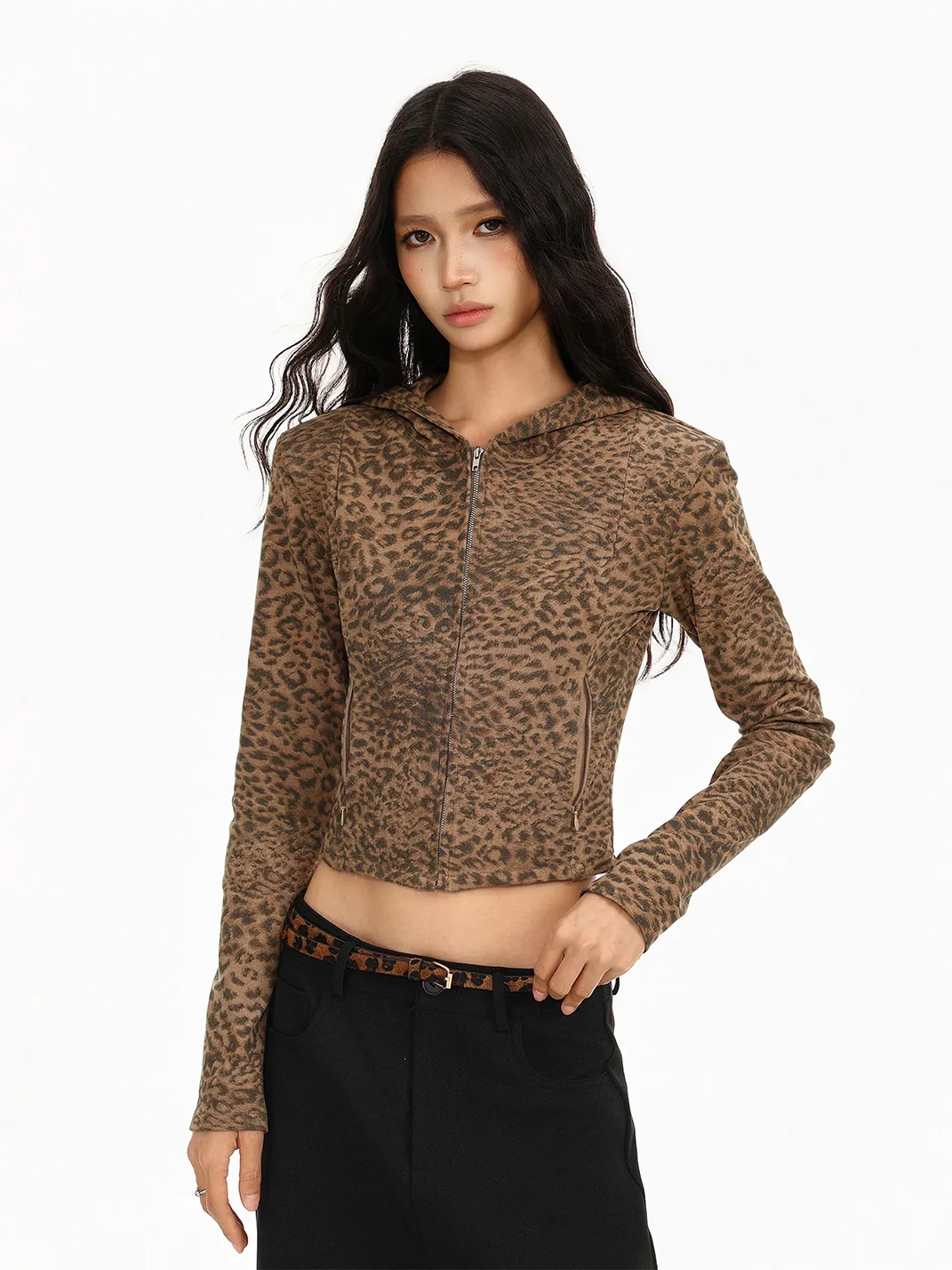 BIGGOLD | Leopard Cropped Hooded Zip Jacket