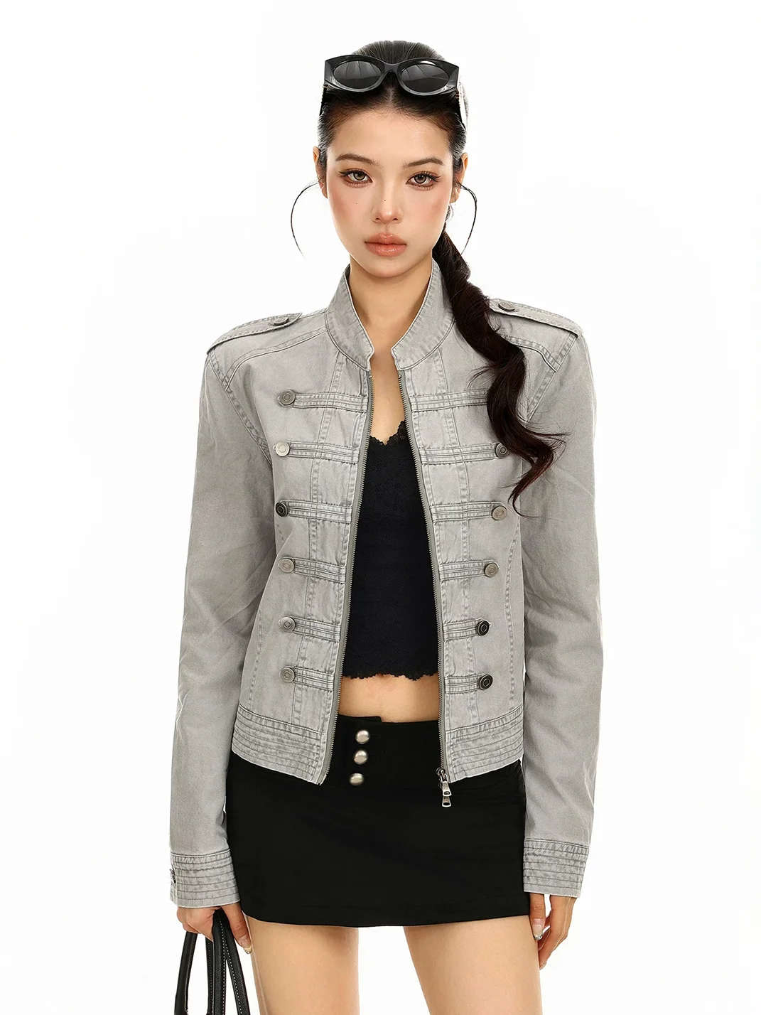 BIGGOLD | Washed Double-Breasted Stand Collar Denim Jacket