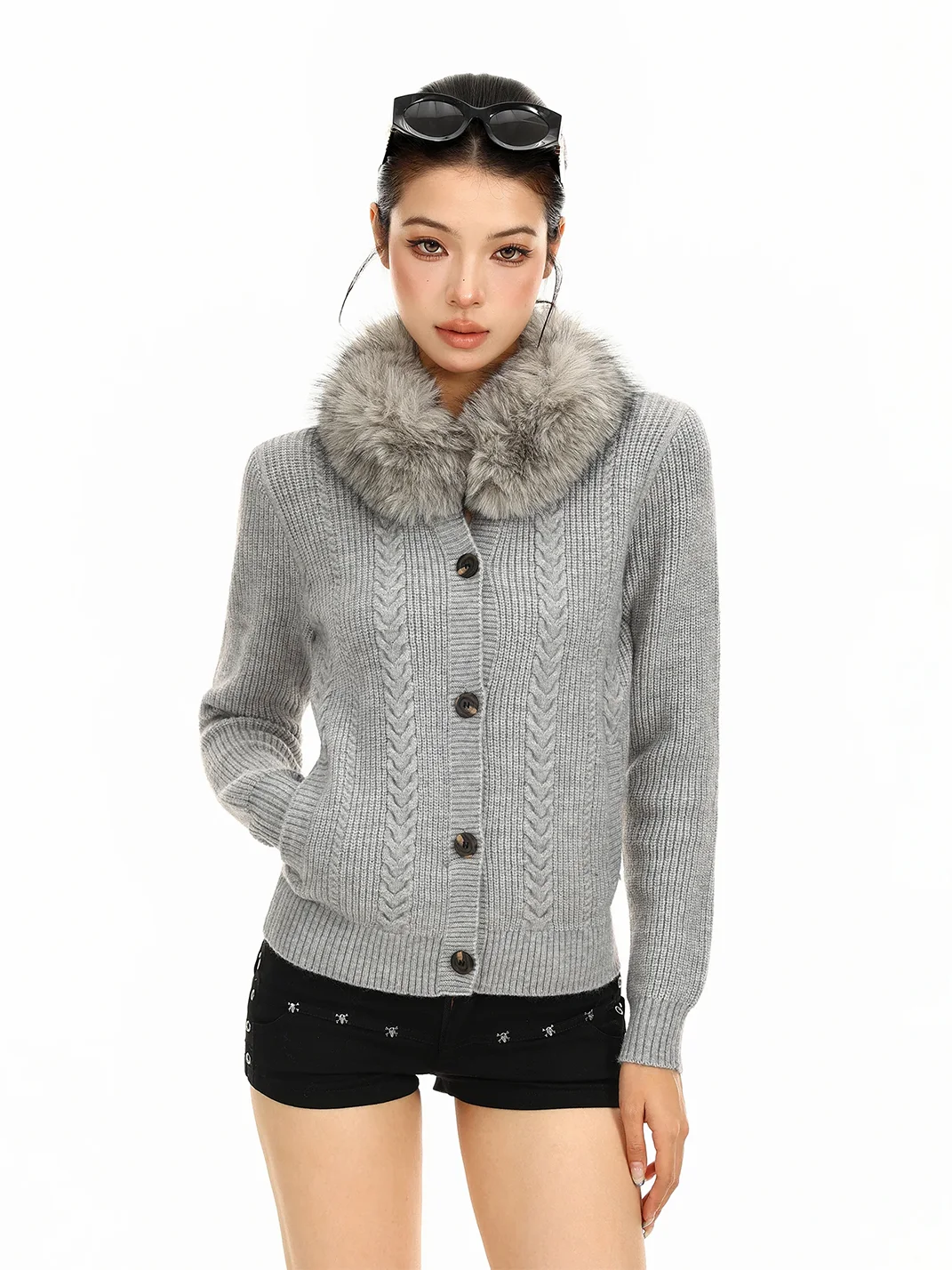 BIGGOLD | Detachable Fur Collar Cable Knit Cardigan