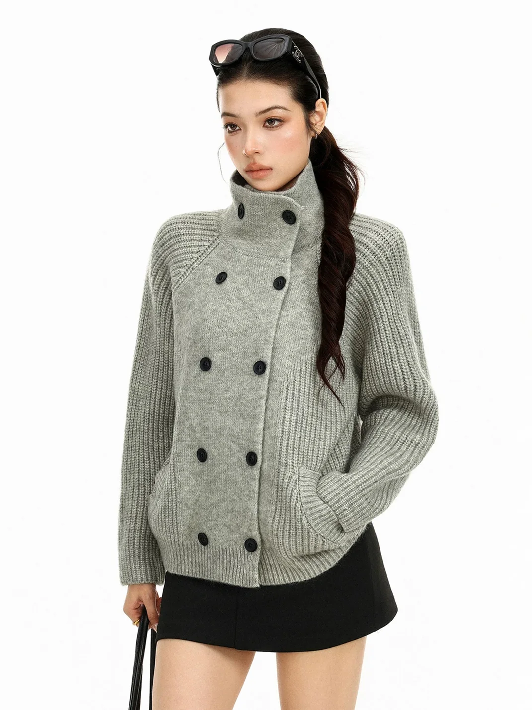 BIGGOLD | Loose Double-Breasted Turtleneck Knit Cardigan