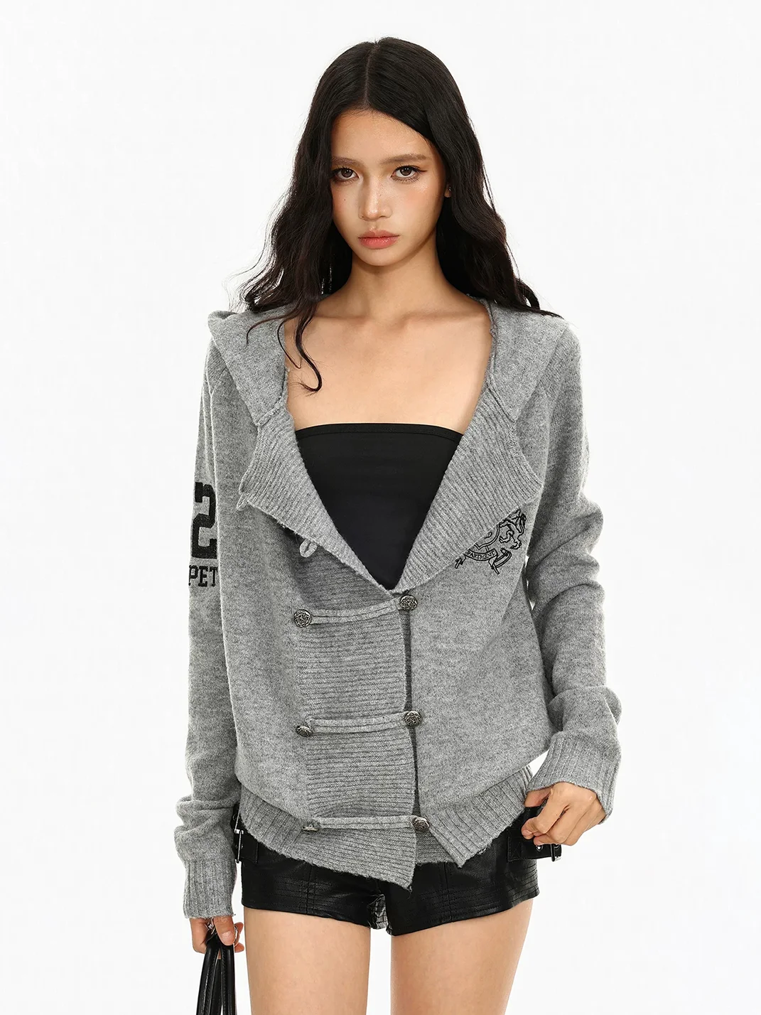 BIGGOLD | Gray Hooded Double-Breasted Knit Cardigan