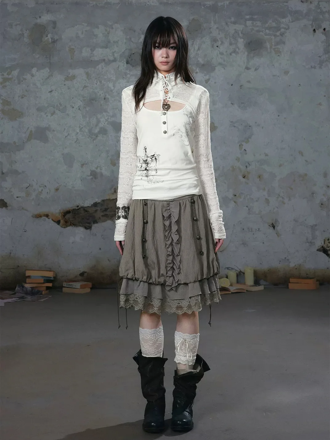 Cest Nous | Mid-Rise A-Line Lace Chiffon Drawstring Skirt