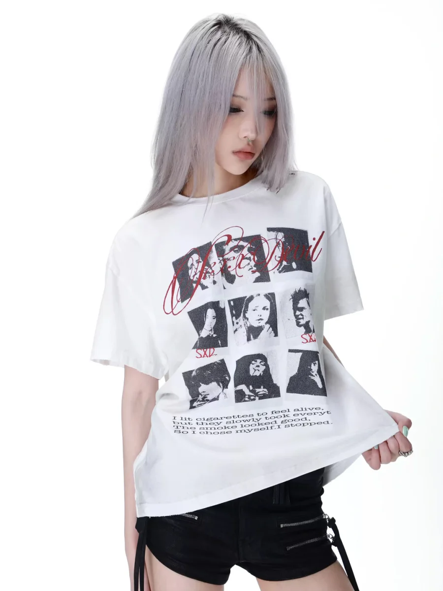 SEXXDEVIL | Washed Distressed Portrait Print Short Sleeve T-Shirt - 2