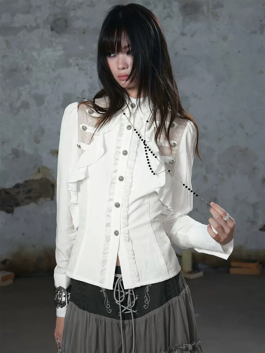 Cest Nous | Ruffled Lace-Paneled Fitted Chiffon Shirt