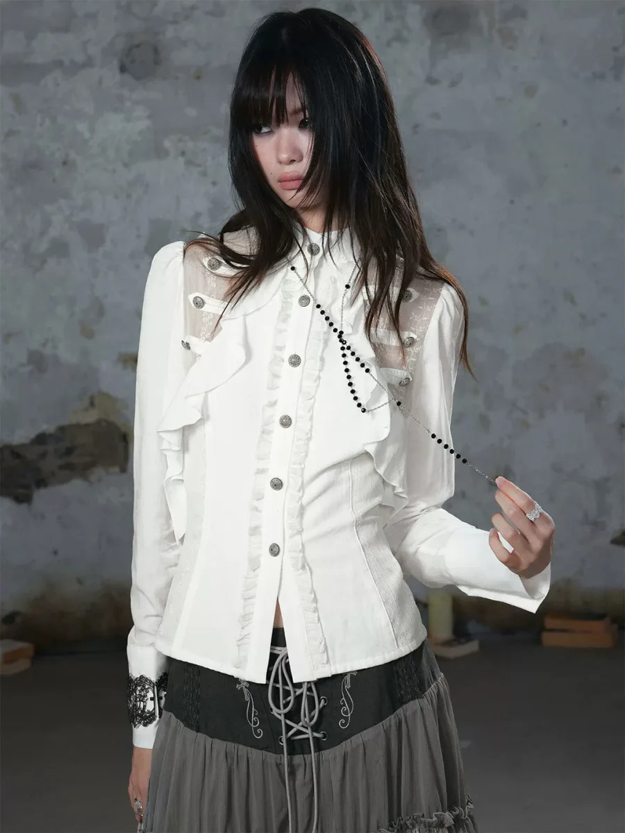 Cest Nous | Ruffled Lace-Paneled Fitted Chiffon Shirt - 2