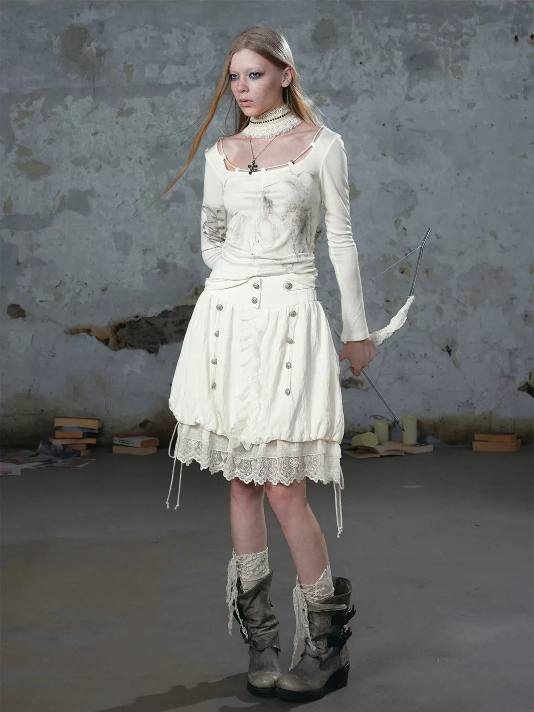 Cest Nous | Mid-Rise A-Line Lace Chiffon Drawstring Skirt