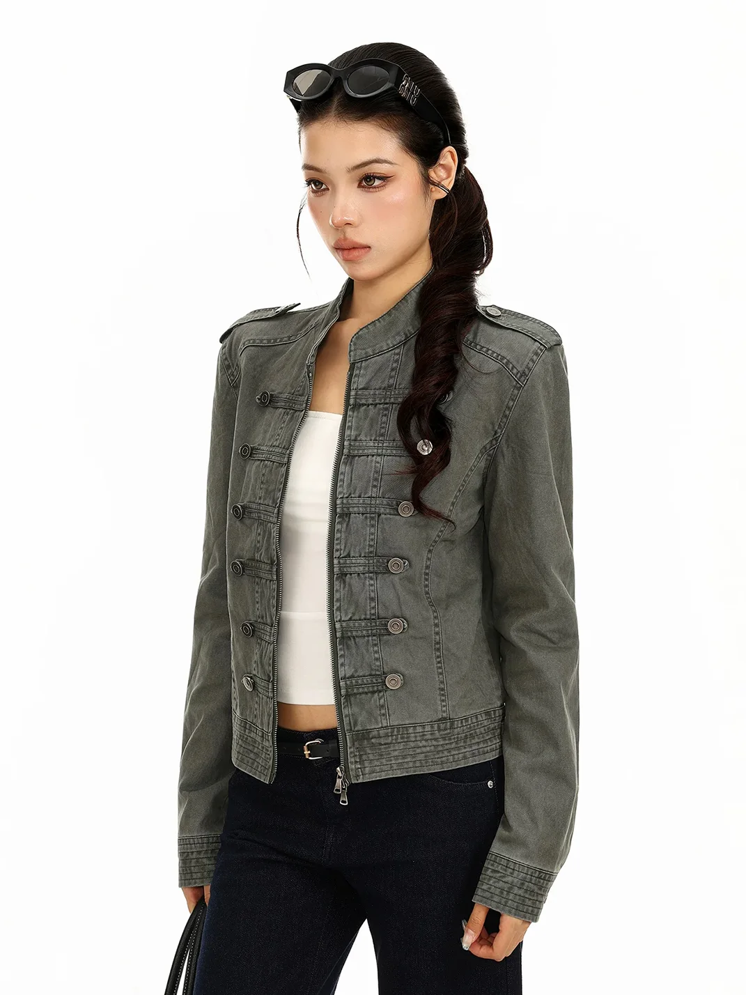 BIGGOLD | Washed Double-Breasted Stand Collar Denim Jacket