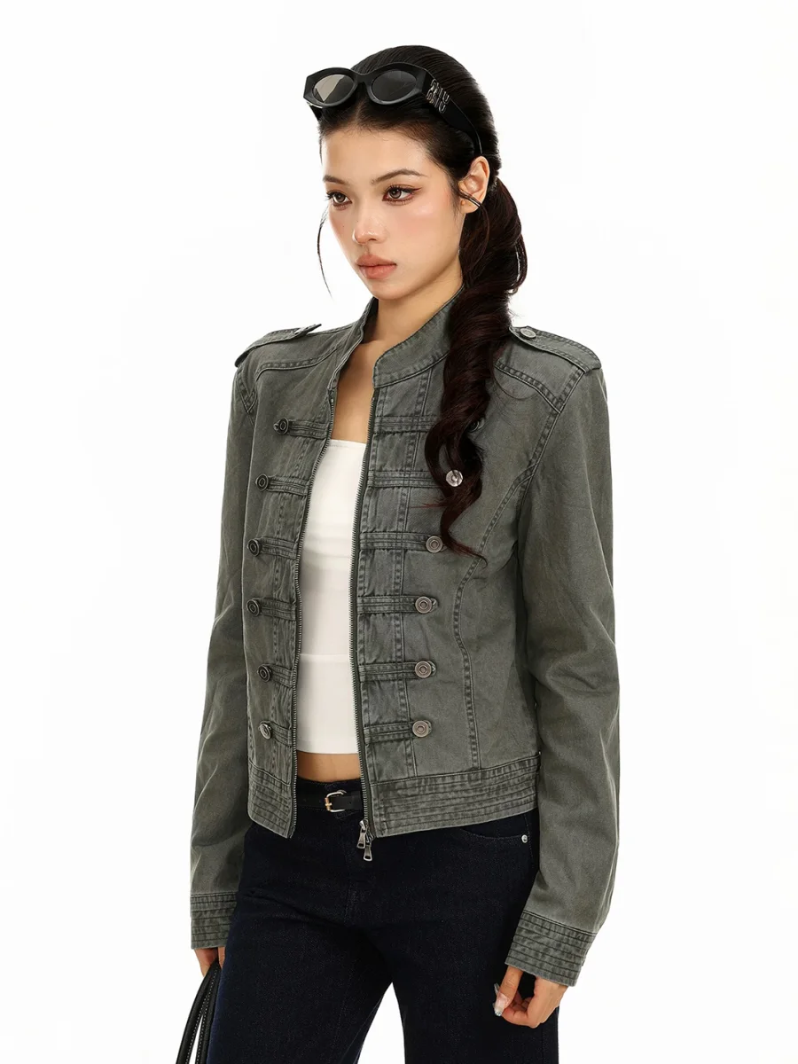 BIGGOLD | Washed Double-Breasted Stand Collar Denim Jacket - 4