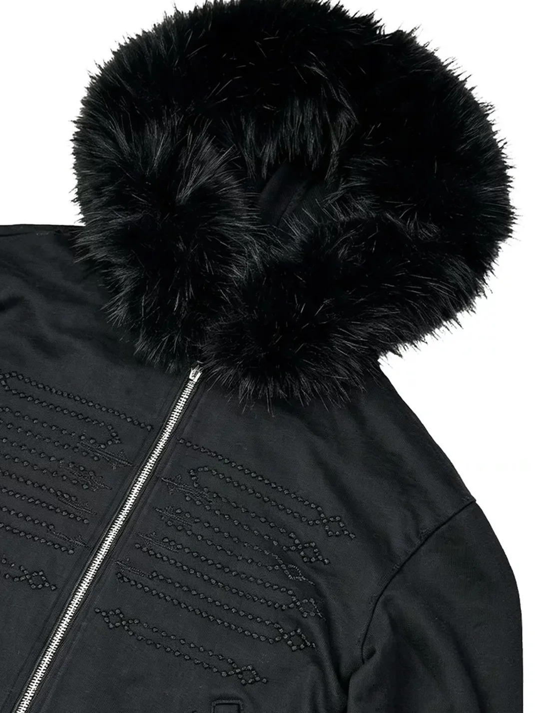 WHISTLEHUNTER | Distressed Embroidered Zip Hoodie With Detachable Fur Collar