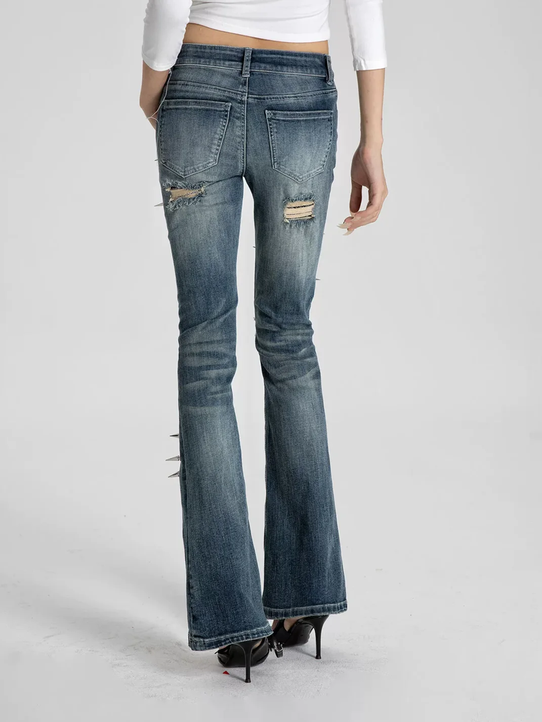 SEXXDEVIL | Studded Snake Print Distressed Slim Flare Jeans