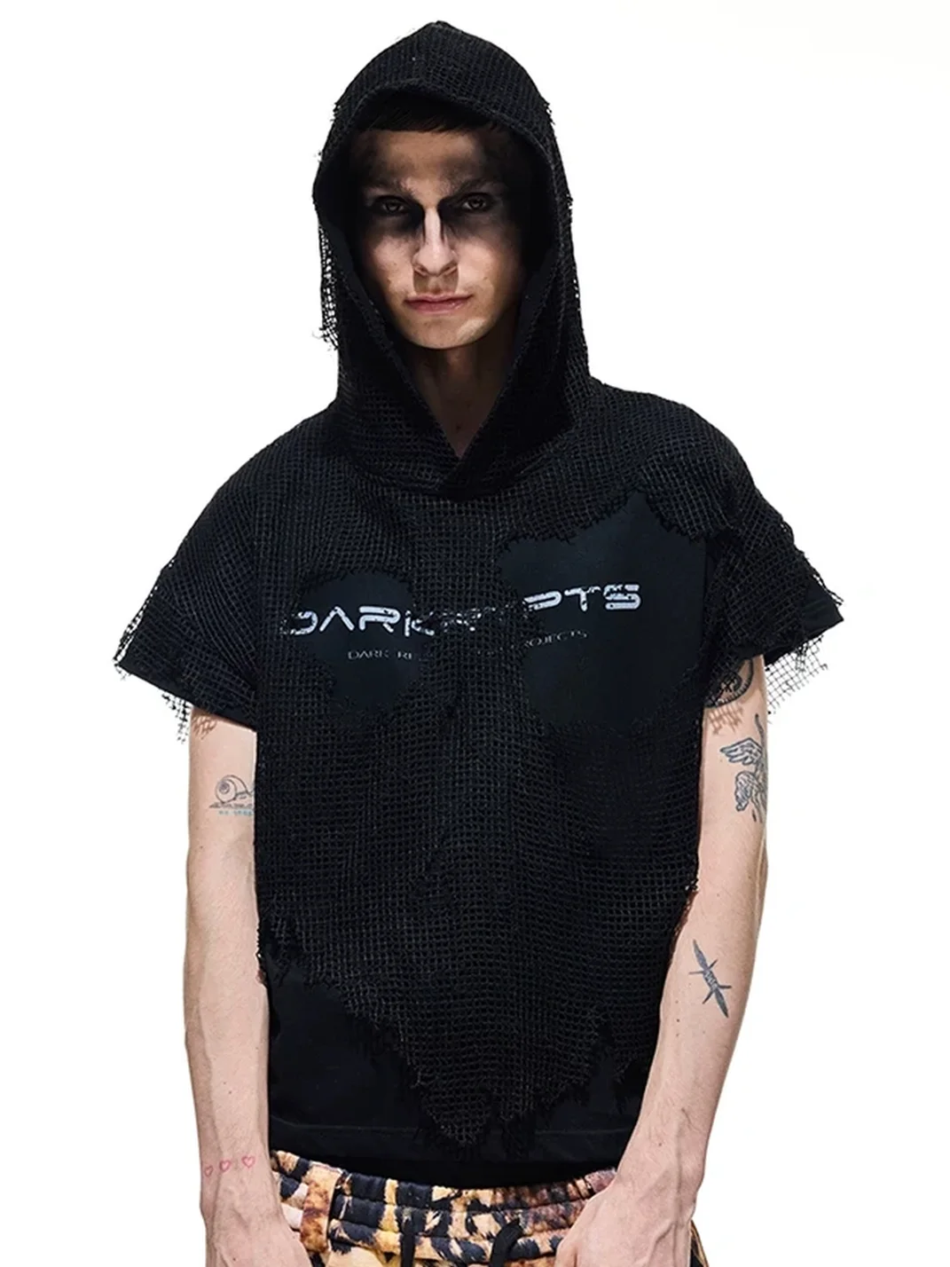 DARKRTPTS | Distressed Layered Mesh Hooded Graphic T-Shirt