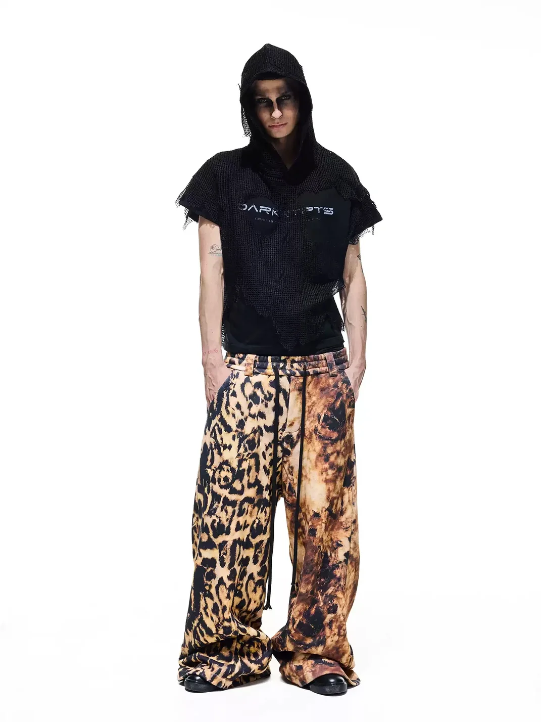 DARKRTPTS | Distressed Layered Mesh Hooded Graphic T-Shirt