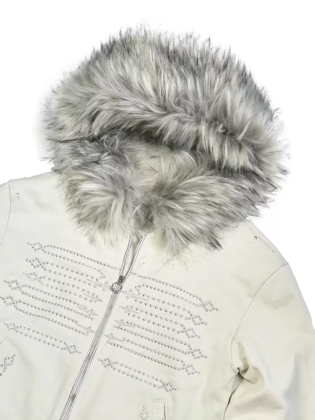 WHISTLEHUNTER | Distressed Embroidered Zip Hoodie With Detachable Fur Collar