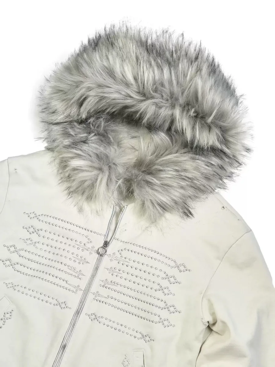 WHISTLEHUNTER | Distressed Embroidered Zip Hoodie With Detachable Fur Collar - 3
