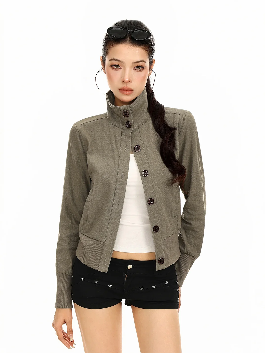 BIGGOLD | Cropped Stand Collar Button Jacket