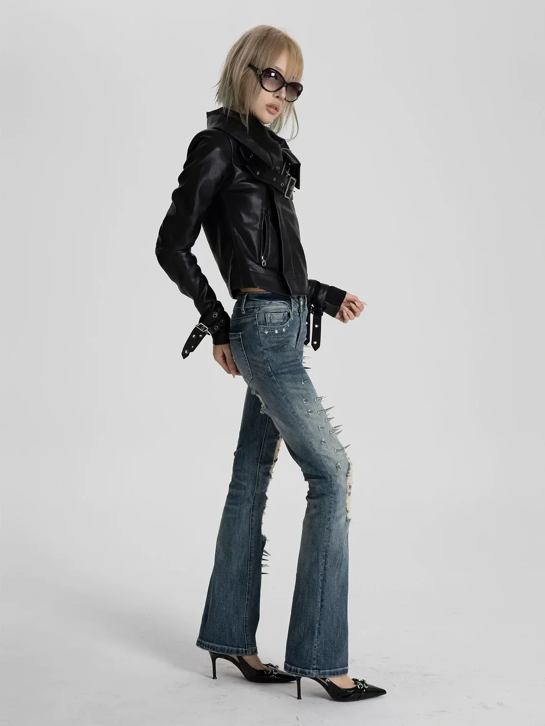 SEXXDEVIL | Studded Snake Print Distressed Slim Flare Jeans