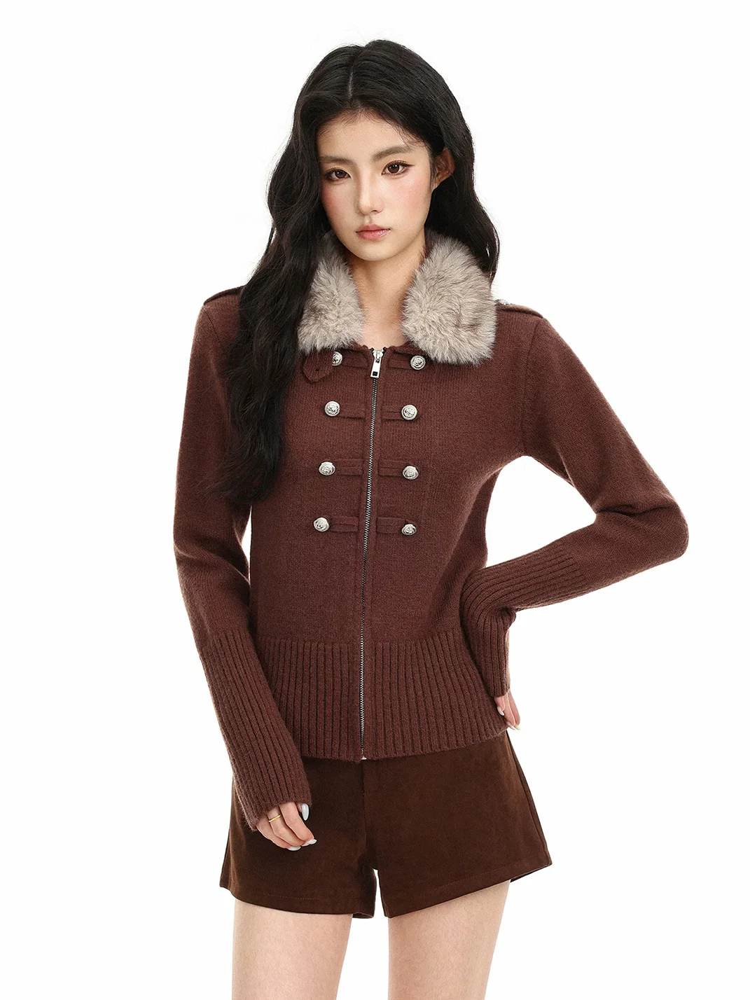 BIGGOLD | Fur Collar Double-Breasted Cropped Knit Cardigan