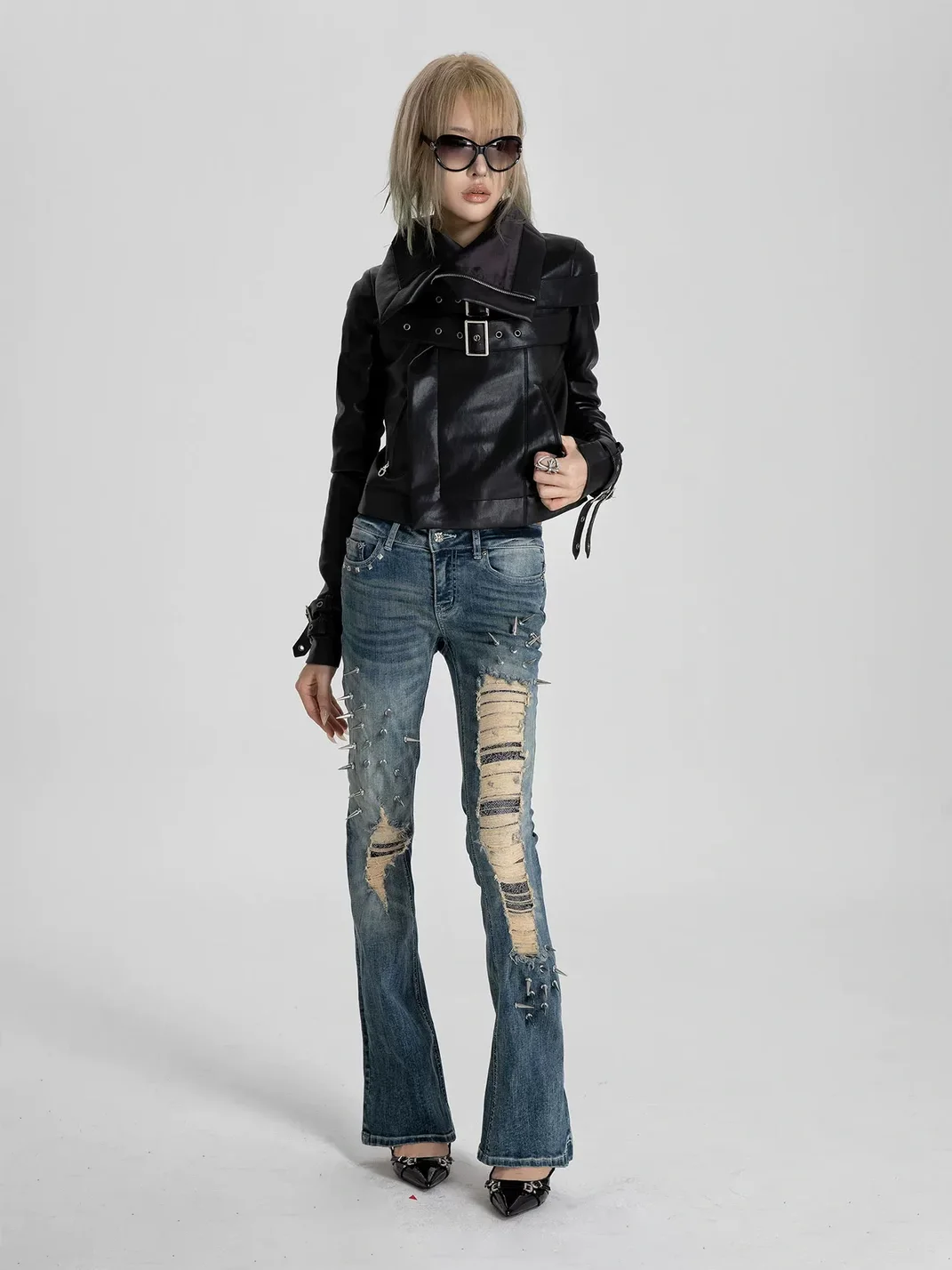 SEXXDEVIL | Studded Snake Print Distressed Slim Flare Jeans