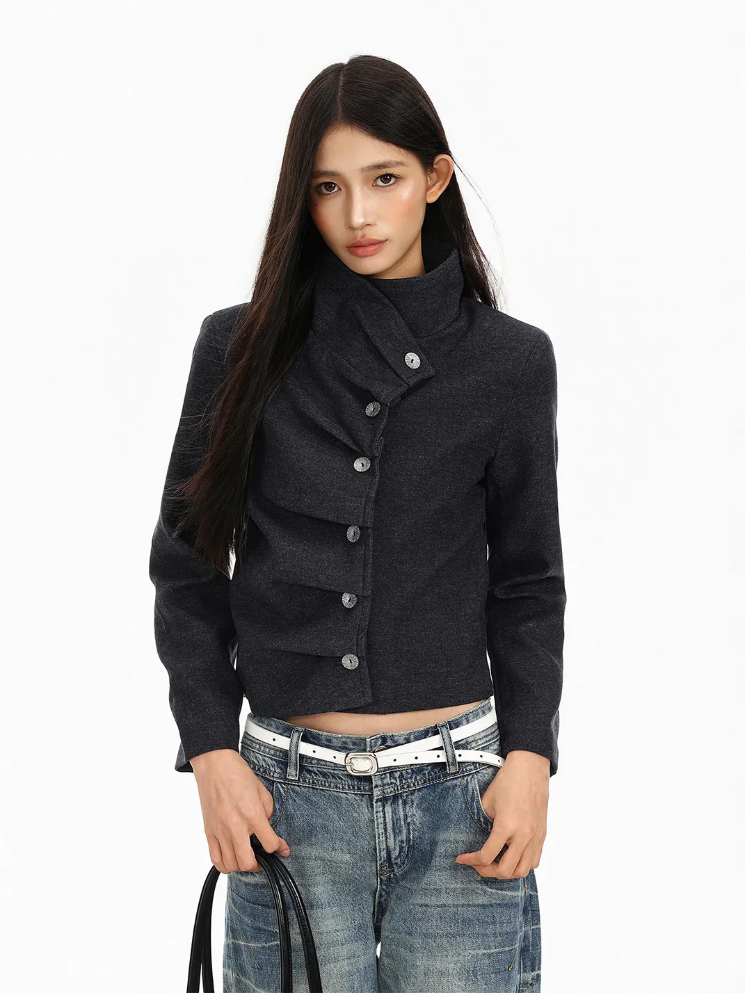 BIGGOLD | Vintage Asymmetric Stand Collar Cropped Jacket