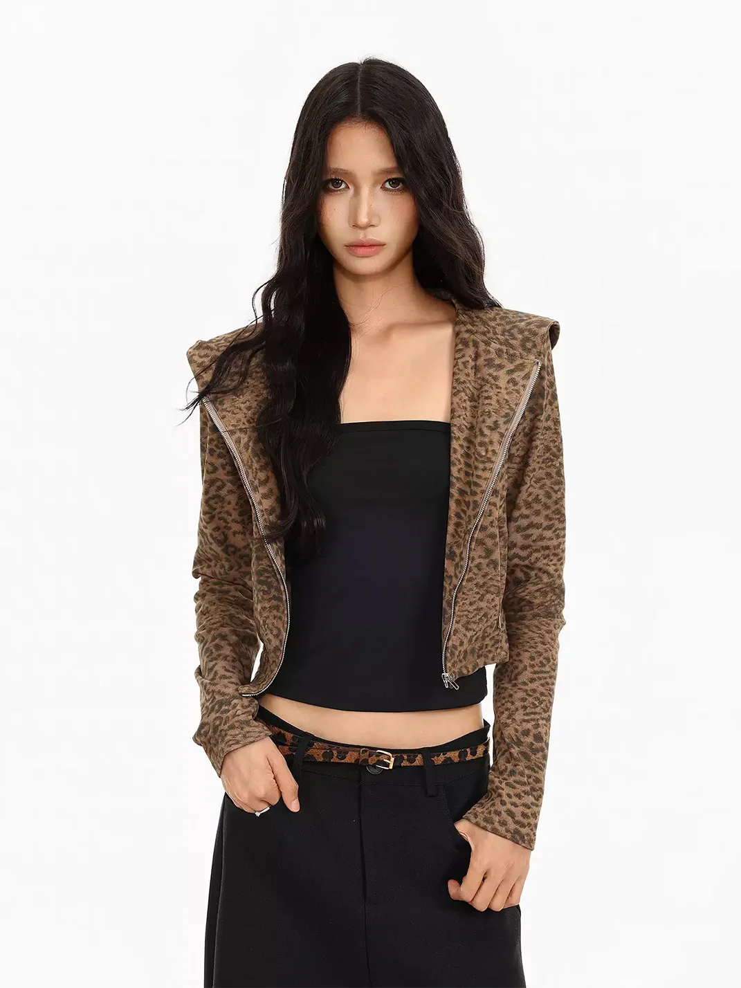 BIGGOLD | Leopard Cropped Hooded Zip Jacket