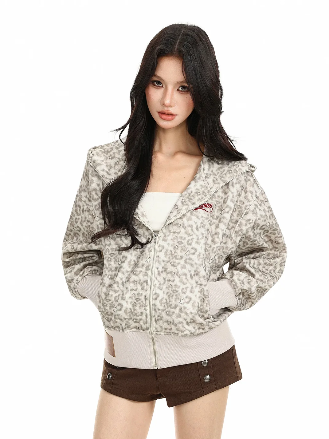 BIGGOLD | Leopard Hooded Zip-Up Cropped Jacket