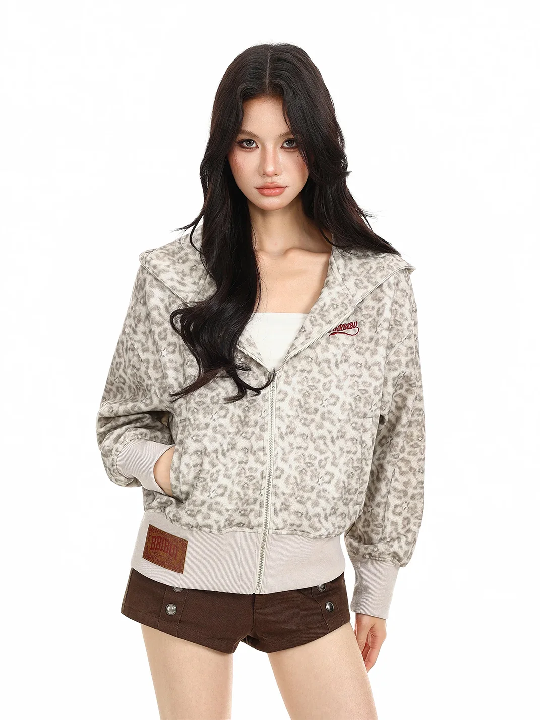 BIGGOLD | Leopard Hooded Zip-Up Cropped Jacket