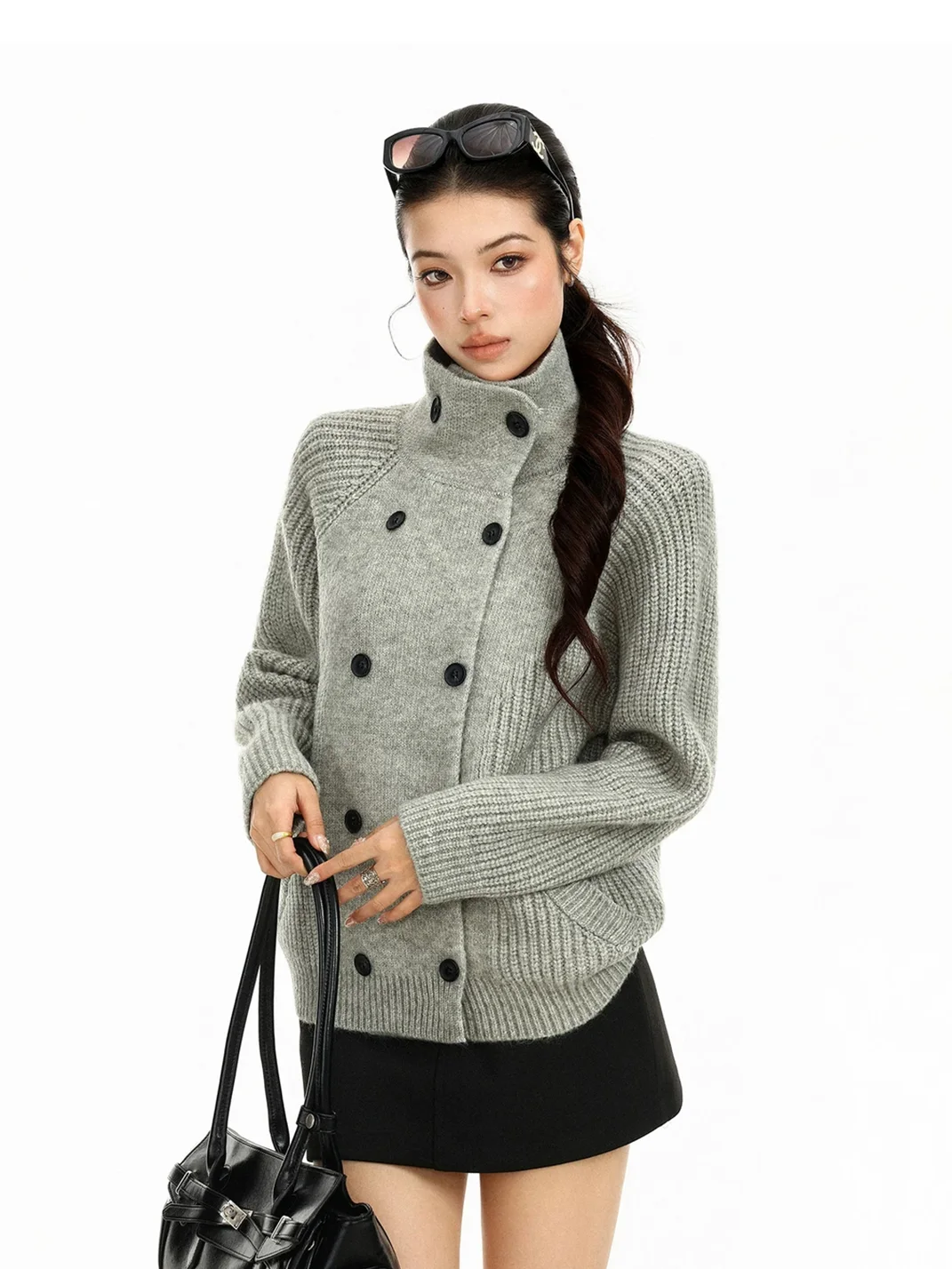 BIGGOLD | Loose Double-Breasted Turtleneck Knit Cardigan