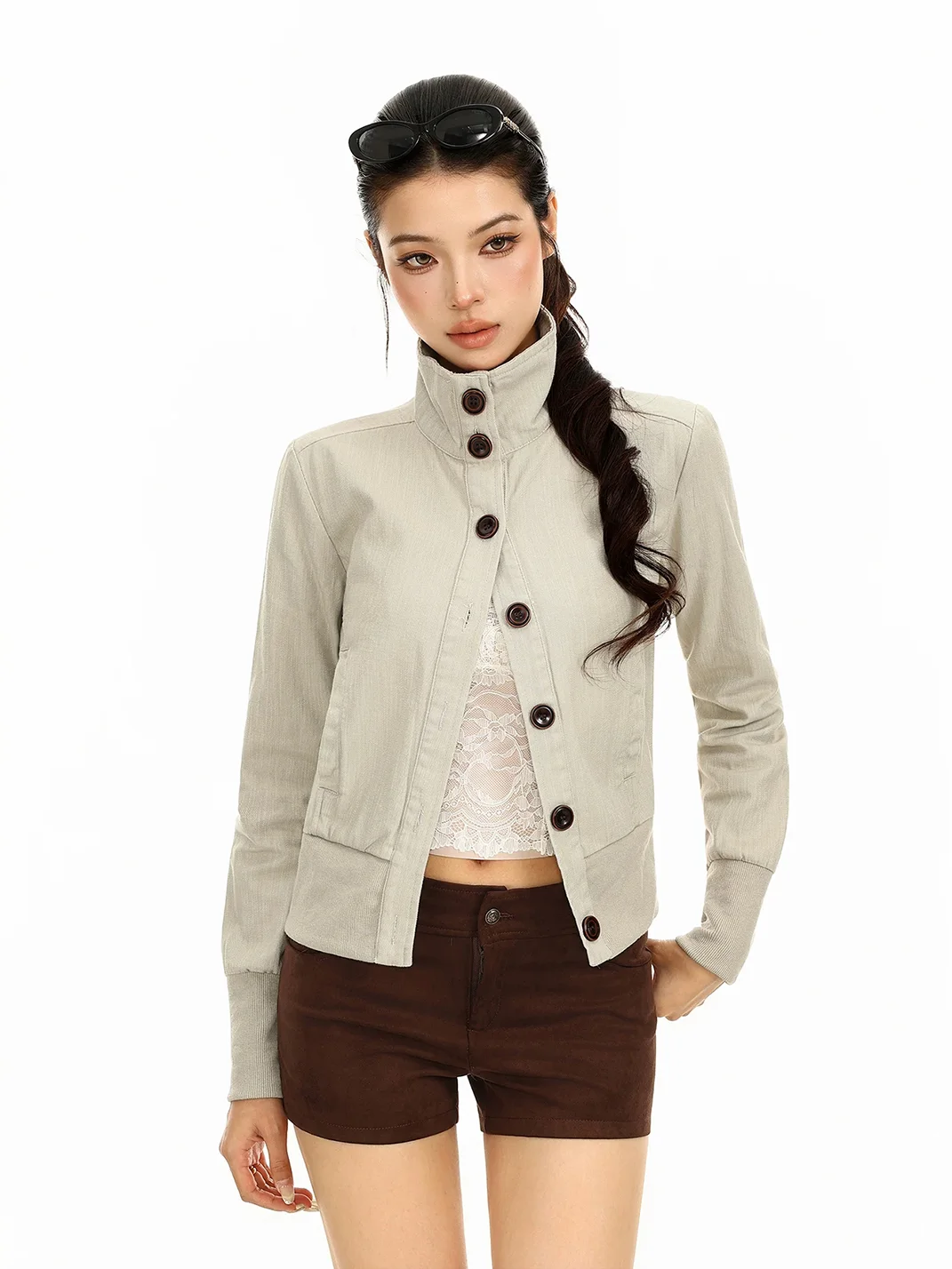 BIGGOLD | Cropped Stand Collar Button Jacket