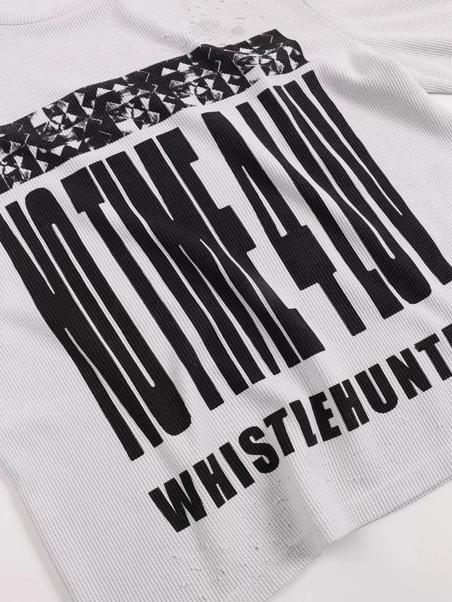 WHISTLEHUNTER | Distressed Graphic Waffle Cropped Long Sleeve T-Shirt - 4