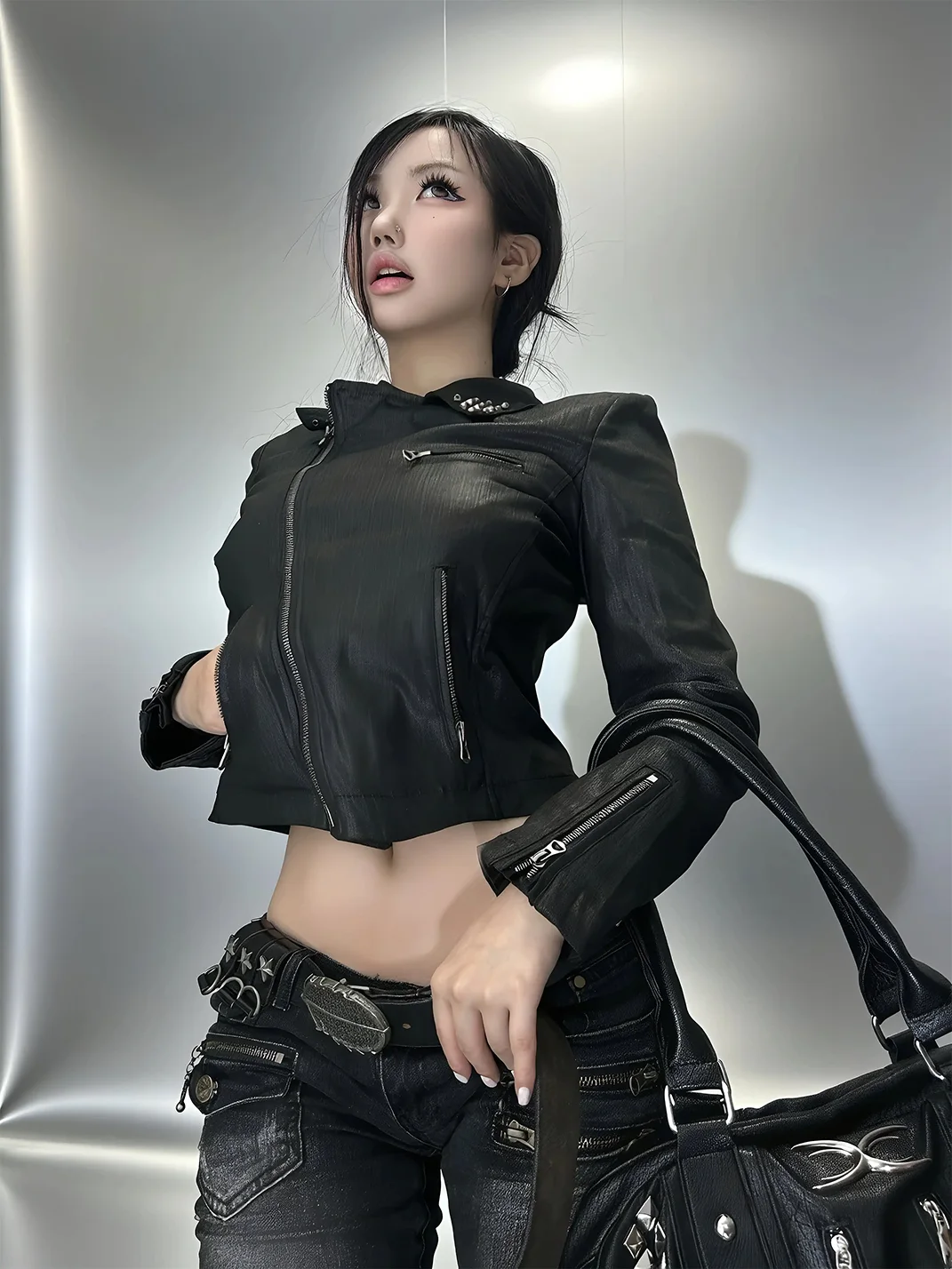 Imdelusion | Studded Lapel Fitted Cropped Biker Jacket