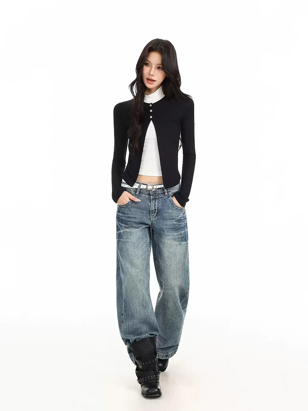 BIGGOLD | Split Mock Neck Long Sleeve Fitted Top