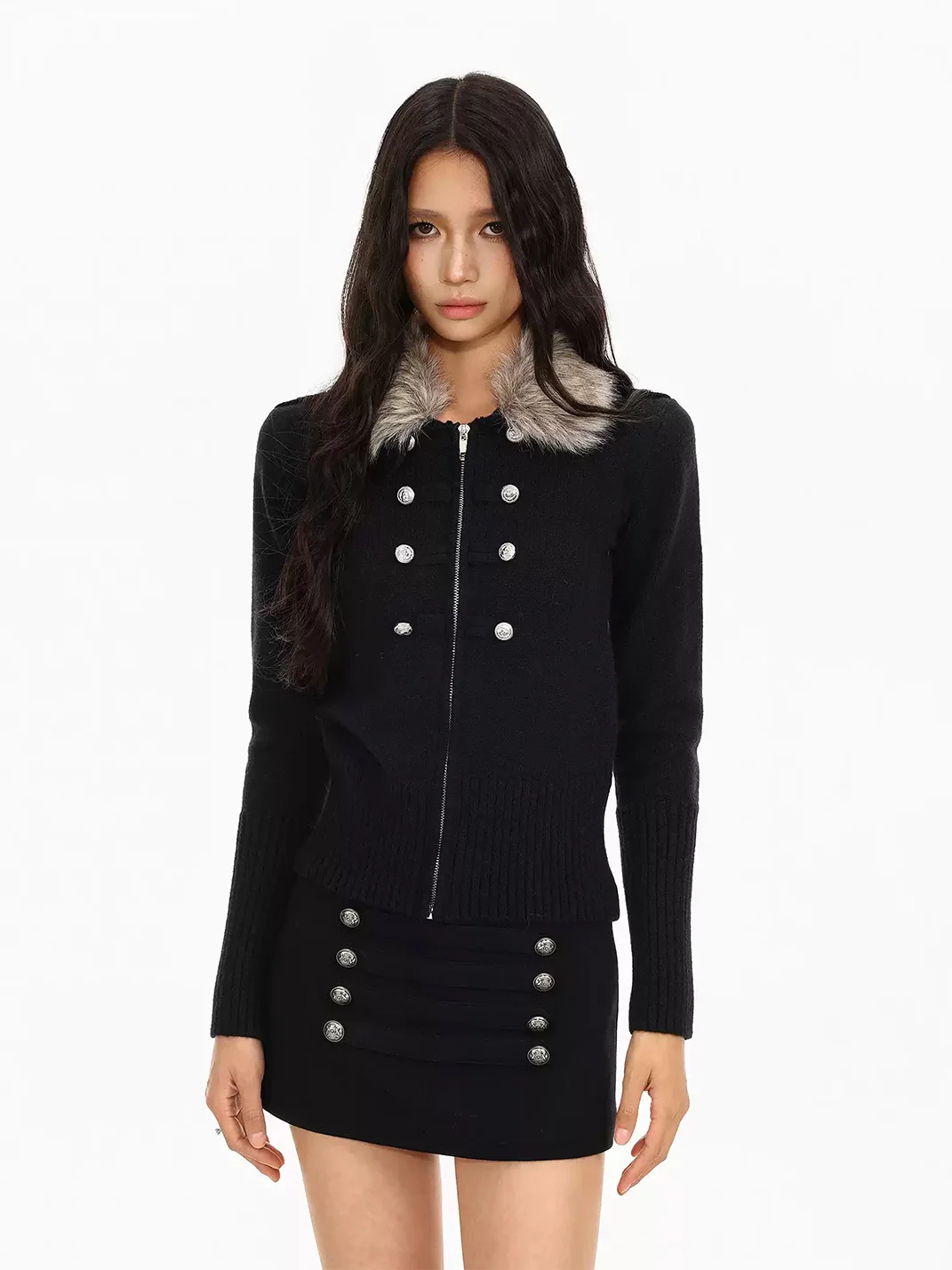 BIGGOLD | Fur Collar Double-Breasted Cropped Knit Cardigan