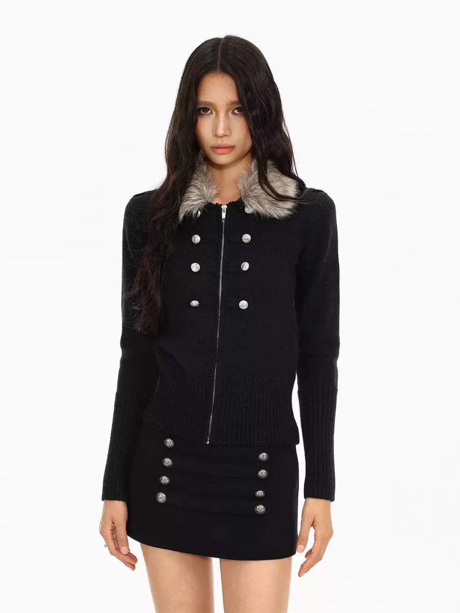 BIGGOLD | Fur Collar Double-Breasted Cropped Knit Cardigan - 2