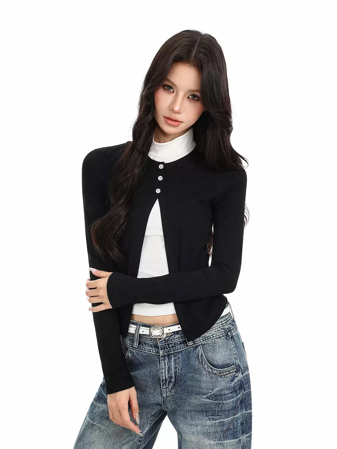 BIGGOLD | Split Mock Neck Long Sleeve Fitted Top