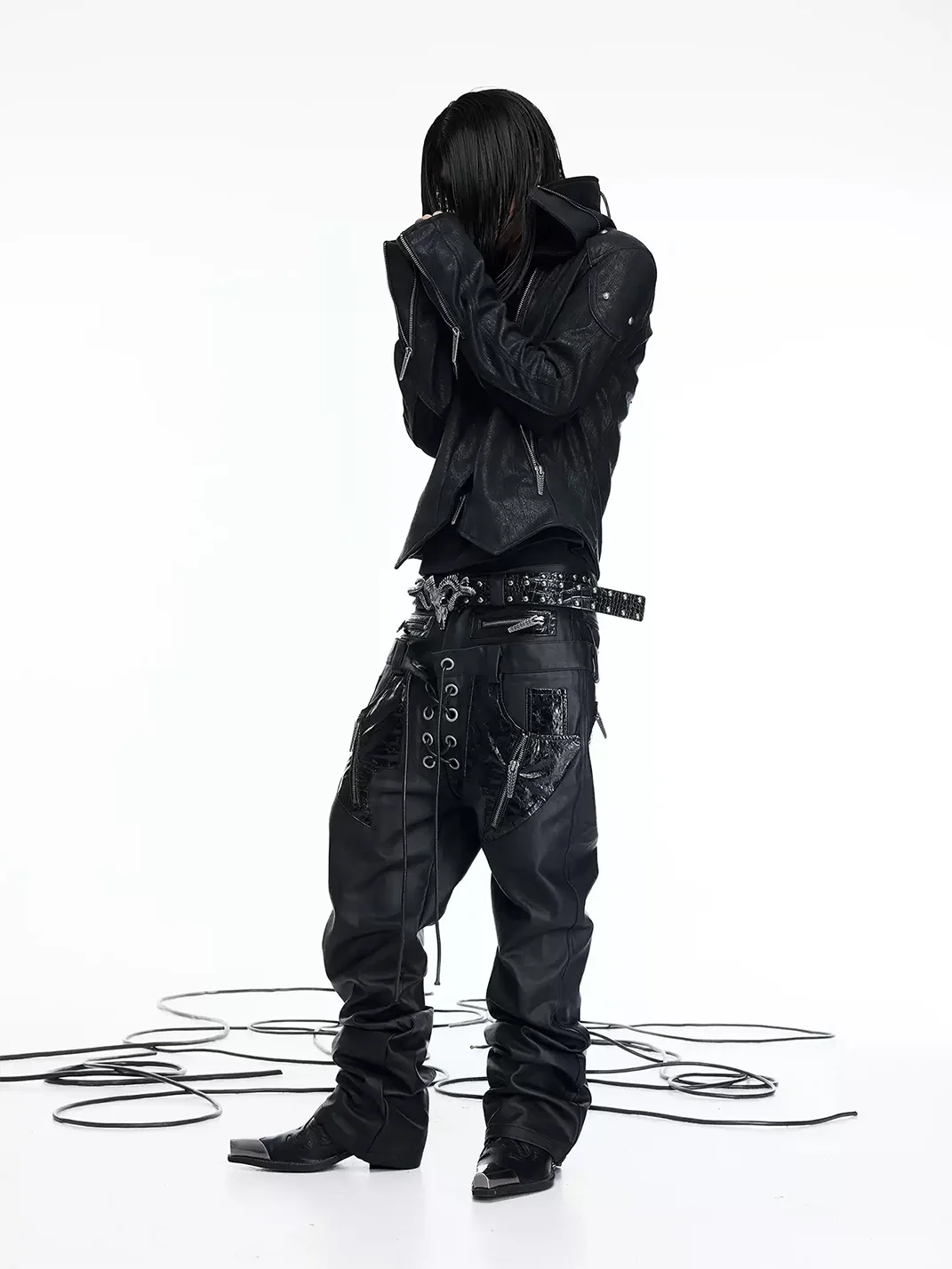 DARKRTPTS | Double-Waistband PU-Panel Coated Straight-Leg Jeans