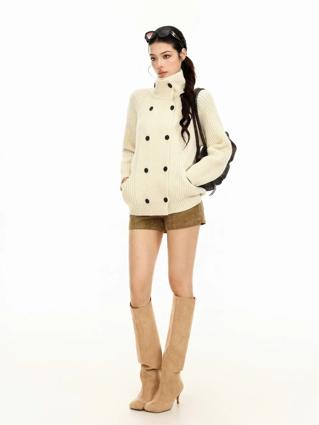 BIGGOLD | Loose Double-Breasted Turtleneck Knit Cardigan