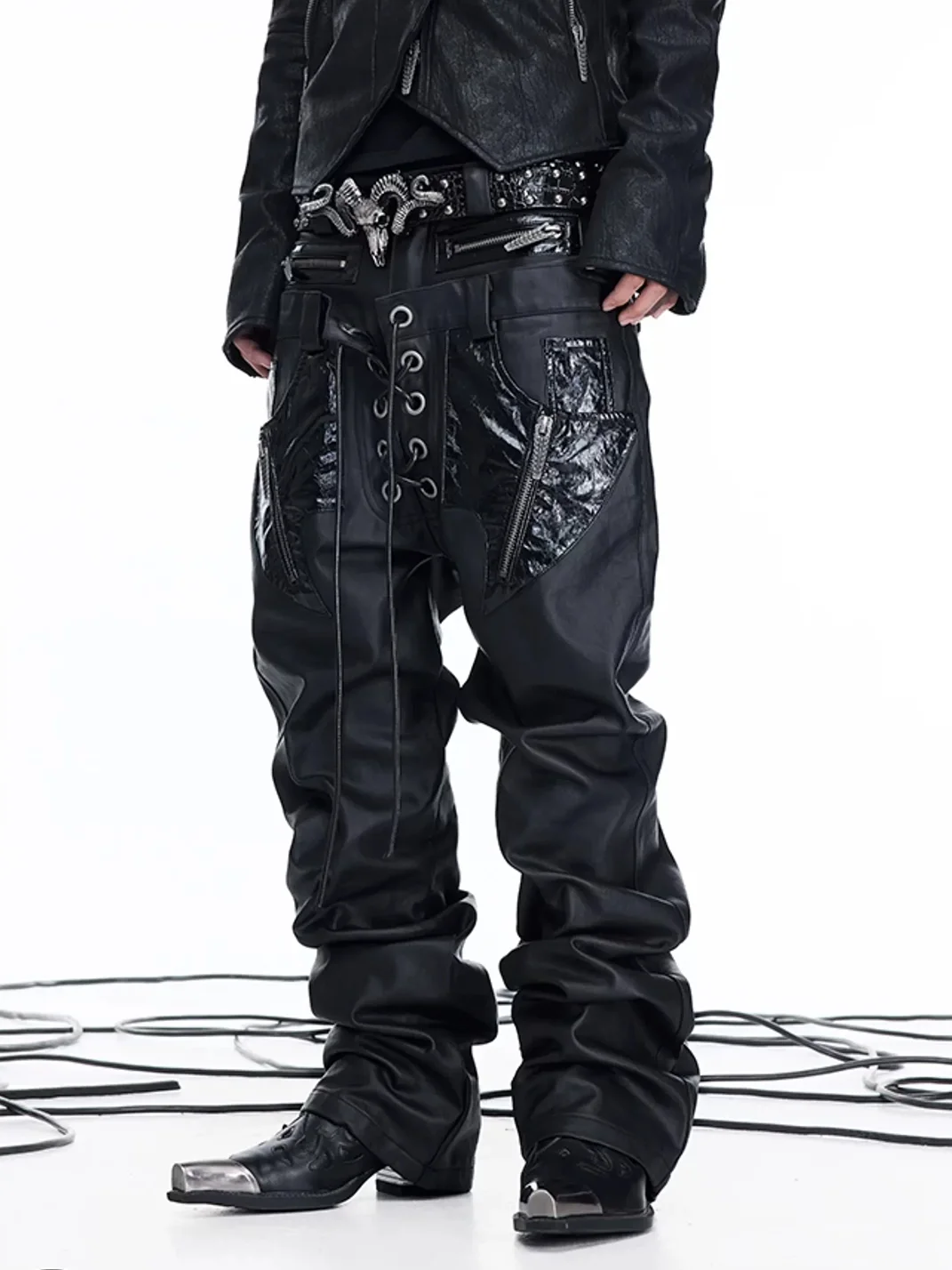 DARKRTPTS | Double-Waistband PU-Panel Coated Straight-Leg Jeans