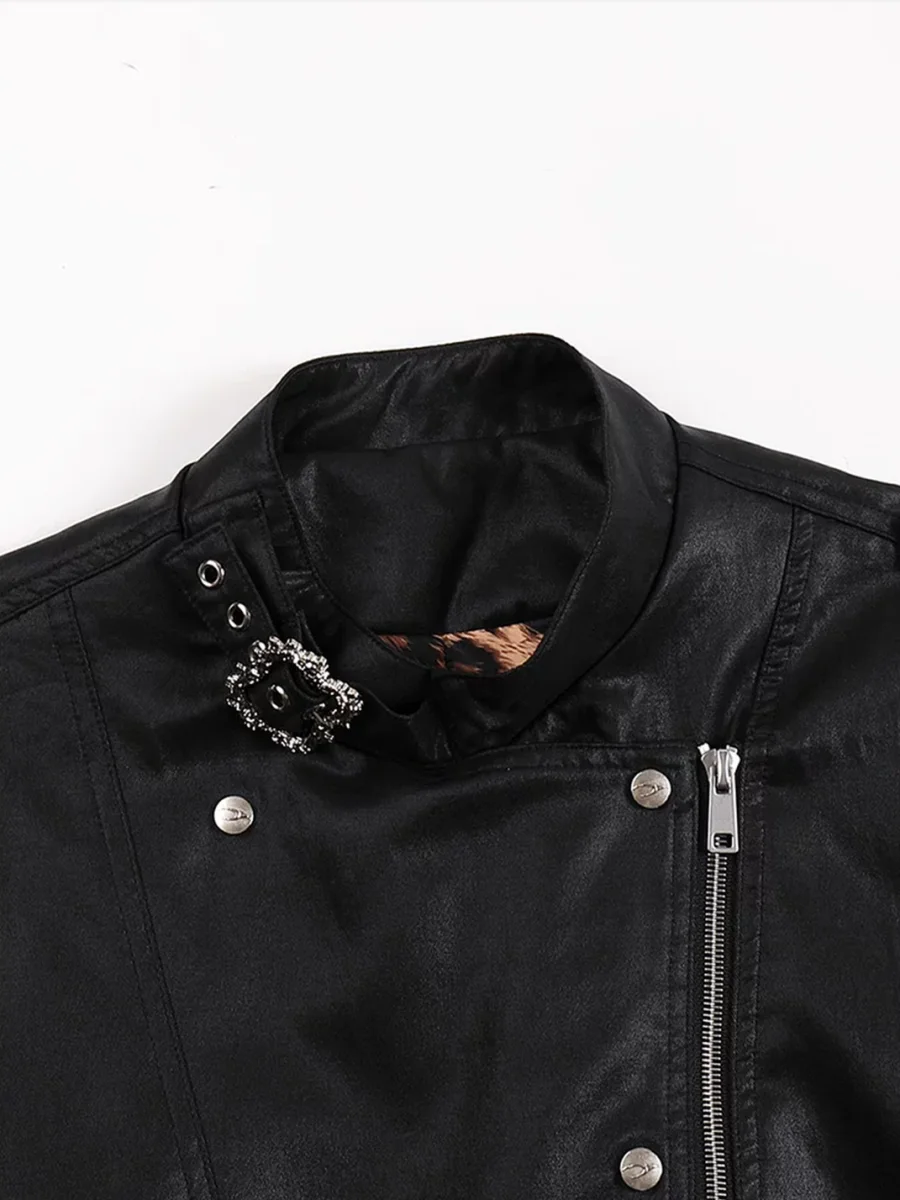 WHISTLEHUNTER | Cropped Stand Collar Leopard-Lined Asymmetric Zip Jacket - 4