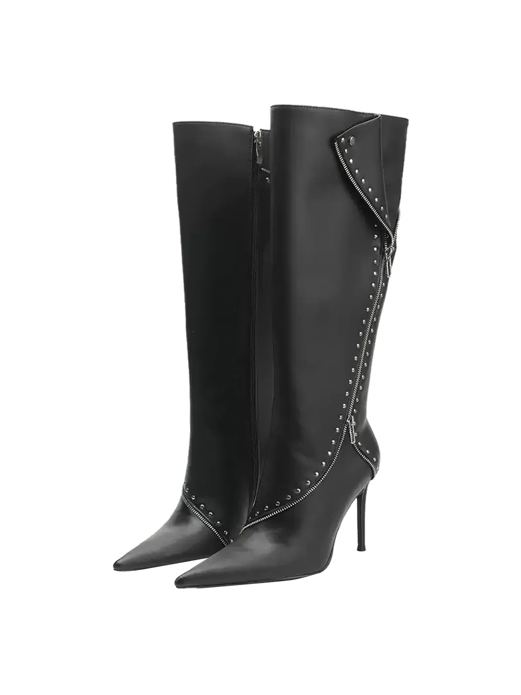 Colorful Bridge | Studded Zipper Pointed-Toe Knee-High Boots